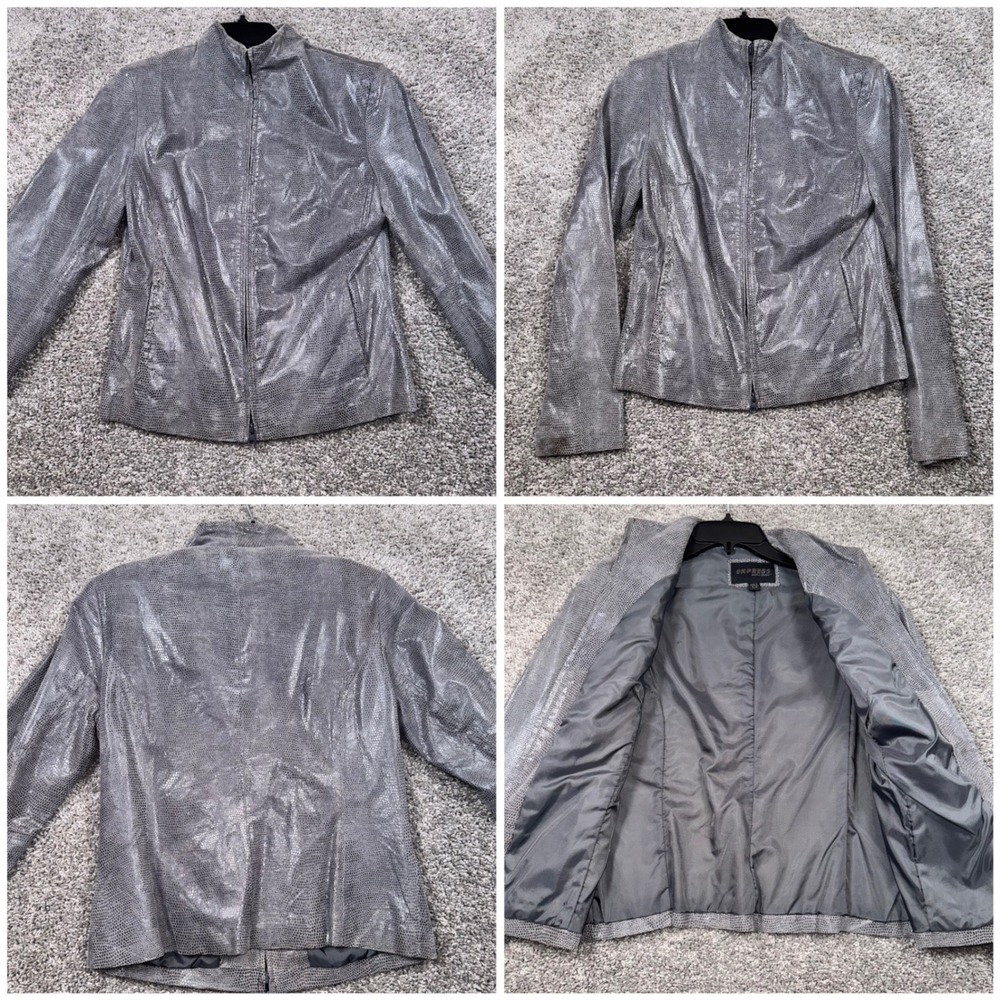 Vintage Express Leather Jacket Womens Snakeskin Embossed Silver 5/6 GOOD